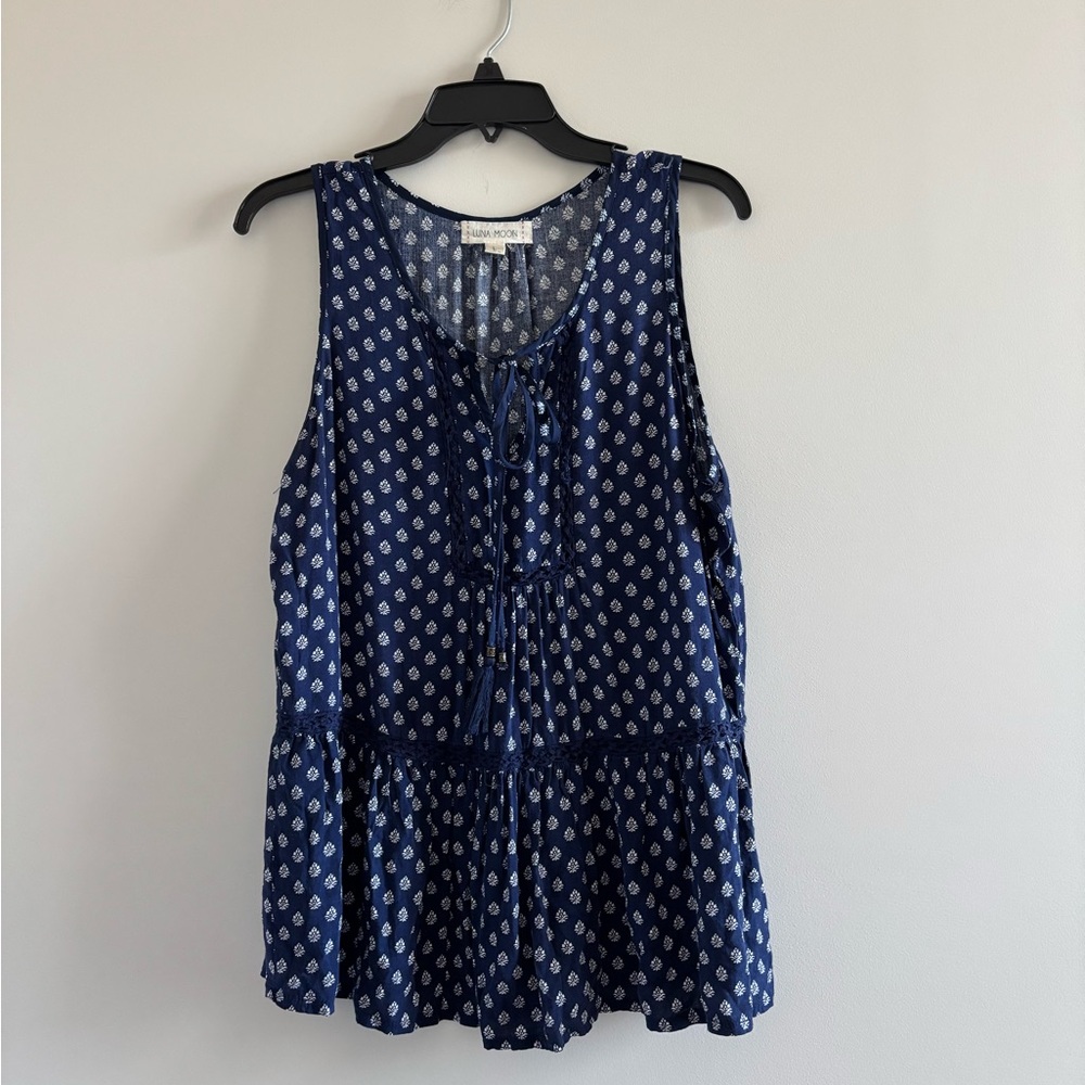 Anthropologie Luna Moon Top Sleeveless Paisley Blue Crochet Women L Boho Cottage
